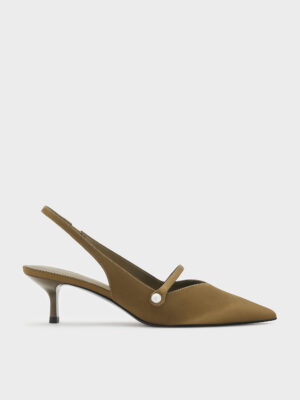 Charles & Keith - Helena Satin Pearl Slingback Kitten Heels
