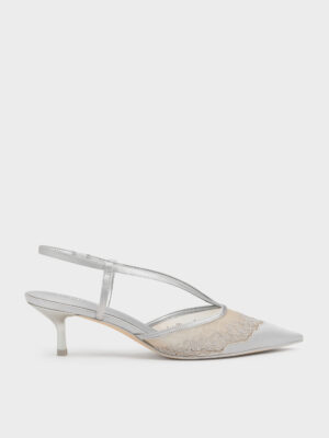 Charles & Keith - Satin Embroidered-Mesh Slingback Kitten Heels