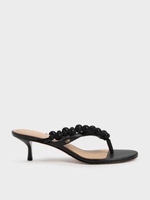 Charles & Keith - Leather Beaded Thong Kitten Heels