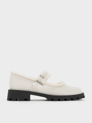 CHARLES & KEITH - Fur-Trim Buckled Mary Janes