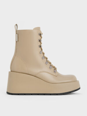 CHARLES & KEITH - Lace-Up Platform Wedge Ankle Boots