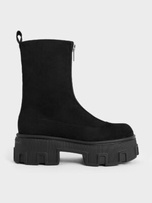 CHARLES & KEITH - Faux Suede Zip-Up Platform Calf Boots