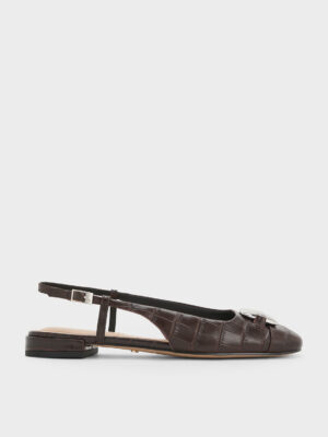 CHARLES & KEITH - Croc-Effect Leather Metallic-Accent Slingback Flats