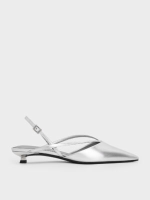 Charles & Keith - Metallic V-Strap Slingback Kitten Heels