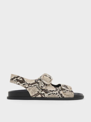 CHARLES & KEITH - Snake-Print Buckled Double-Strap Slingback Sandals