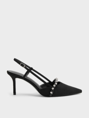 Charles & Keith - Faux Suede Crystal Slingback Pumps