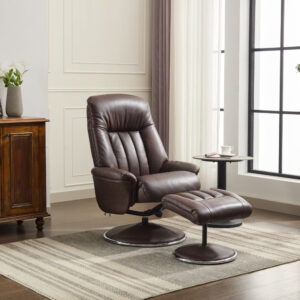 Lyon Luxury Real Leather Swivel Recliner Chair - Brown / Free Footstool / Leather Match