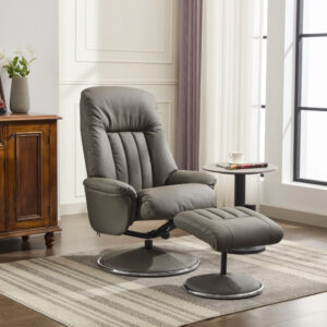 Lyon Luxury Real Leather Swivel Recliner Chair - Cinder / Free Footstool / Leather Match