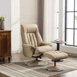 Lyon Luxury Real Leather Swivel Recliner Chair - Pebble / Free Footstool / Leather Match