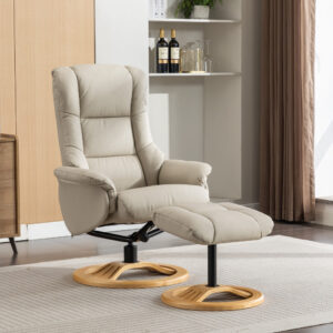 Mandalay Real Leather Swivel Recliner Chair - Mushroom / Free Footstool / Leather Match