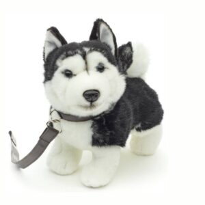 Uni Toys P20044-2 Husky Puppy Black/White with Leash 21cm Standing Dog Plush Toy