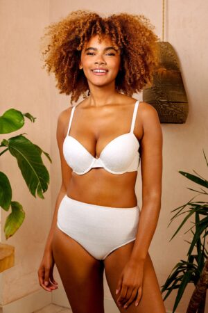 D+ Swimwear Zoe Fuller Bust Mix & Match White Floral Texture Padded Plunge Bikini Top | UK 38FF | Peek & Beau