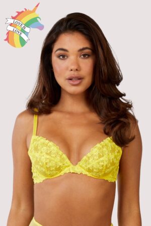 Audre Yellow Embroidery Plunge Bra | UK 36D | Playful Promises