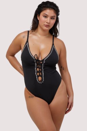 D+ Swimwear Gabrielle Fuller Bust Black Eco Studded Lace-Up Swimsuit | UK 8E/F | Wolf & Whistle