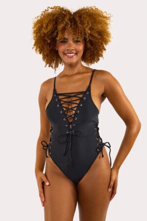 D+ Swimwear Eden Eden Fuller Bust Black Plunge Lace-Up Swimsuit | UK 16E/F | Wolf & Whistle