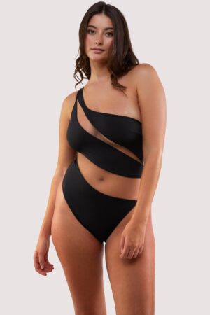 D+ Swimwear Eloise Fuller Bust Black Asymmetric Swimsuit With Nude Mesh Inserts | UK 8E/F | Wolf & Whistle