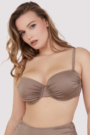 D+ Swimwear Jade Fuller Bust Taupe Neutral Ruched Balconette Bikini Top | UK 38G | Wolf & Whistle