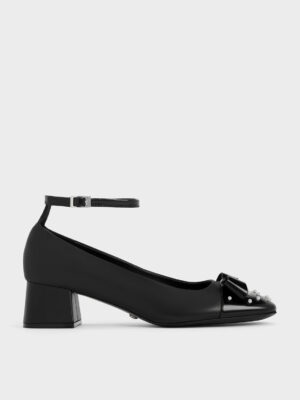 CHARLES & KEITH - Pearl-Embellished Leather Bow Ankle-Strap Pumps
