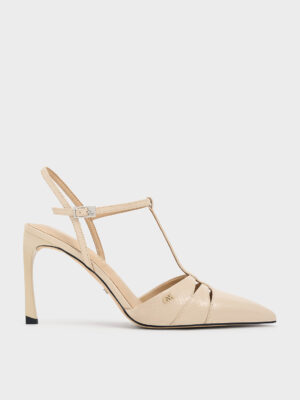 CHARLES & KEITH - Leather Snake-Print T-Bar Pointed-Toe Pumps