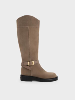 CHARLES & KEITH - Leather & Suede Buckled-Strap Knee-High Boots