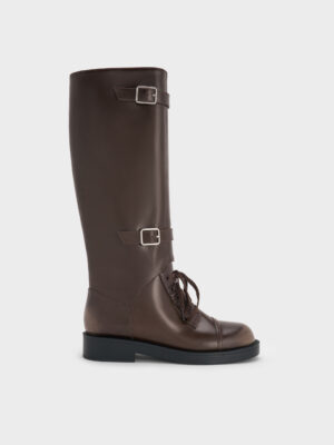 CHARLES & KEITH - Burnished Double-Buckle Combat Knee-High Boots