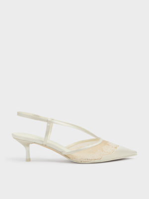CHARLES & KEITH - Satin Embroidered-Mesh Slingback Kitten Heels