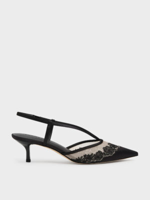 CHARLES & KEITH - Satin Embroidered-Mesh Slingback Kitten Heels