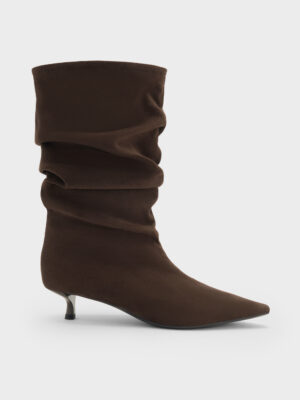 CHARLES & KEITH - Faux Suede Ruched Kitten-Heel Calf Boots