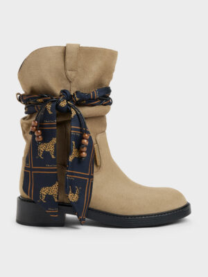 CHARLES & KEITH - Faux Suede Printed-Scarf Calf Boots