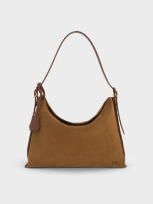 CHARLES & KEITH - Large Leather & Suede Top-Flap Hobo Bag