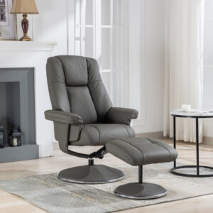 Denver Real Leather Luxury Swivel Recliner Chair - Cinder / Free Footstool / Full Leather