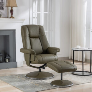 Denver Real Leather Luxury Swivel Recliner Chair - Olive Green / Free Footstool / Full Leather