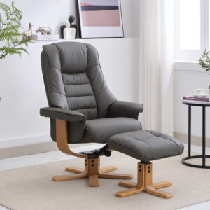 Sardinia Real Leather Swivel Recliner Chair - Cinder / Free Footstool / Leather Match