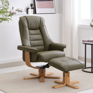 Sardinia Real Leather Swivel Recliner Chair - Olive Green / Free Footstool / Leather Match