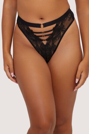 Eleanor Black Strappy Embroidery High Waist Thong | UK 24 | Playful Promises