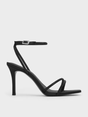 CHARLES & KEITH - Satin Crystal-Embellished Asymmetric Heeled Sandals