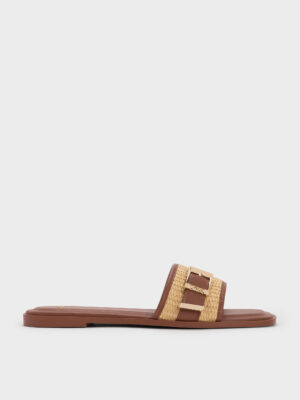 CHARLES & KEITH - Whitney Leather & Raffia Slide Sandals