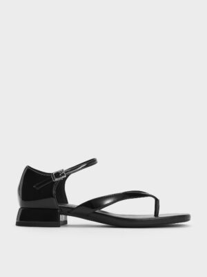 CHARLES & KEITH - Patent Block-Heel Ankle-Strap Thong Sandals