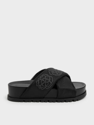 CHARLES & KEITH - Satin Embroidered-Flower Crossover Sandals