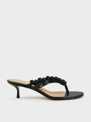 CHARLES & KEITH - Leather Beaded Thong Kitten Heels