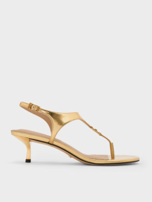 CHARLES & KEITH - Metallic Leather Thong Kitten Heels