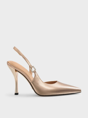 CHARLES & KEITH - Metallic Leather Crystal-Buckle Slingback Pumps