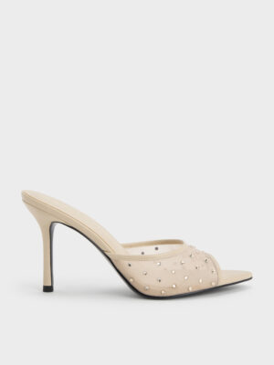 CHARLES & KEITH - Mesh Crystal Peep-Toe Heeled Mules