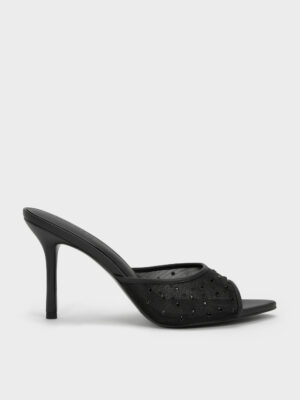 CHARLES & KEITH - Mesh Crystal Peep-Toe Heeled Mules