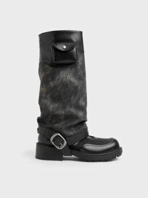 CHARLES & KEITH - Burnished Convertible Ruched Knee-High Boots