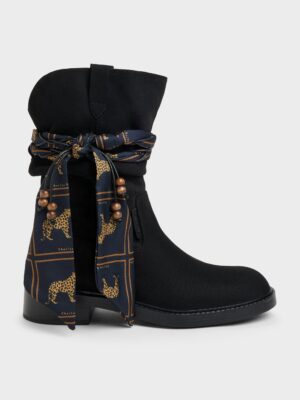 CHARLES & KEITH - Faux Suede Printed-Scarf Calf Boots
