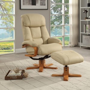 Nice Luxury Real Leather Swivel Recliner Chair - Ivory / Free Footstool / Leather Match