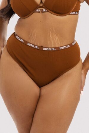 Branded Ribbed Chocolate High Waist Thong | UK Xs | Hustler