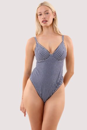 D+ Swimwear Joanna Navy Gingham Seersucker Underwired Plunge Swimsuit | UK 38G | Peek & Beau