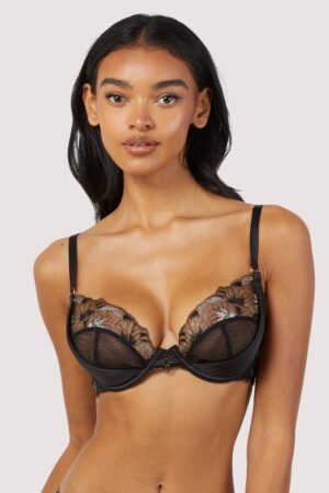 Aria Black And Gold Lace Plunge Bra | UK 32E | Wolf & Whistle